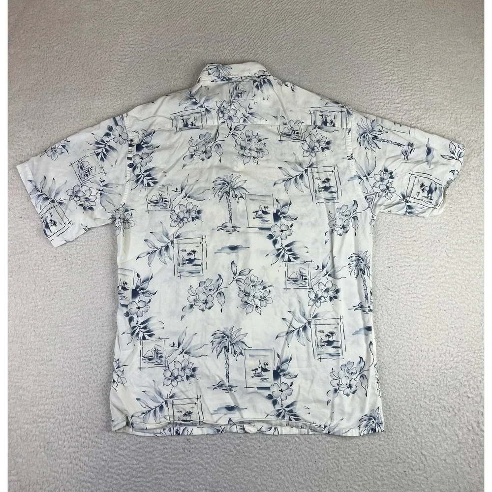 Campia Moda Mens Medium White Floral Hawaiian Rayon Button Up Shirt Short Sleeve
